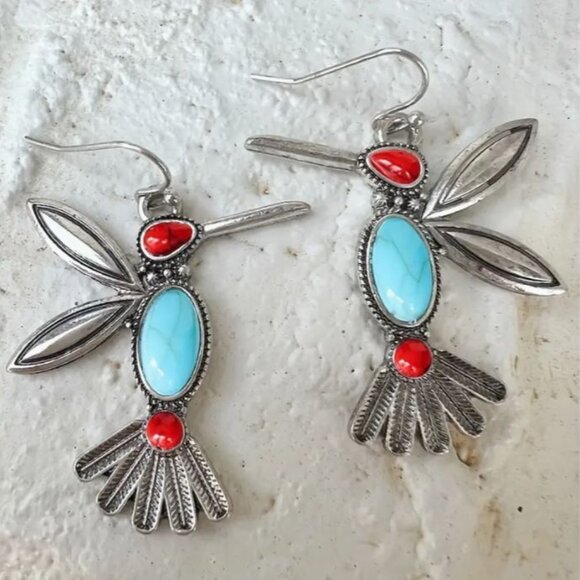 Private Label Jewelry - NEW Silver Plated Turquoise Blue and Red Stone Hummingbird Drop Earrings